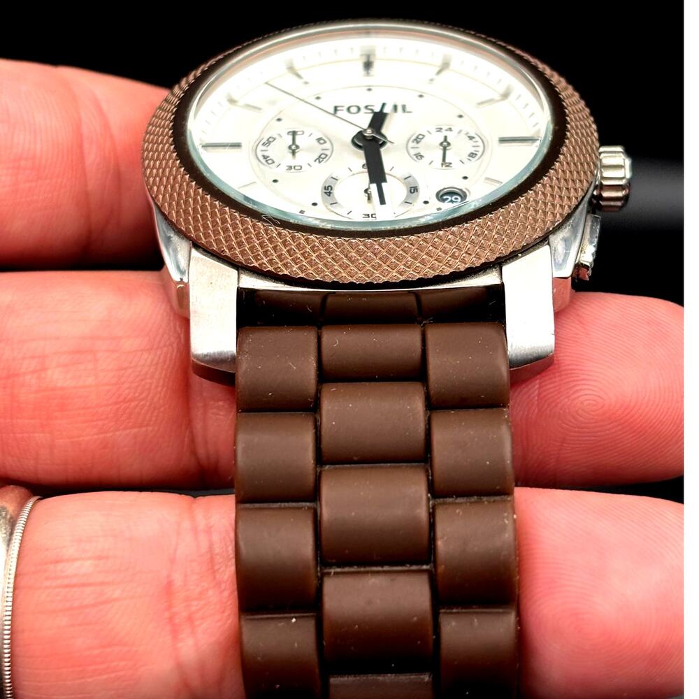 Fossil Machine FS4596 Men’s Chronograph white Dial Brown Silicone Strap Watch - Picture 14 of 17